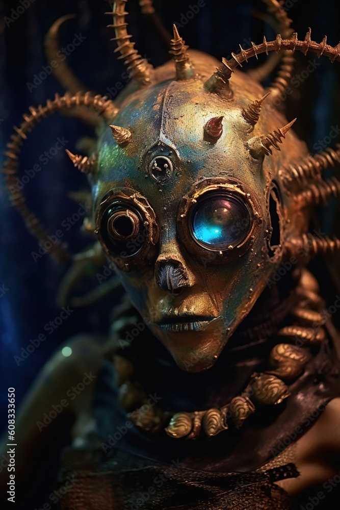 Poster a weird looking alien with spikes and spikes on its head. generative ai