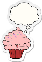 cute cartoon frosted cupcake with thought bubble as a printed sticker