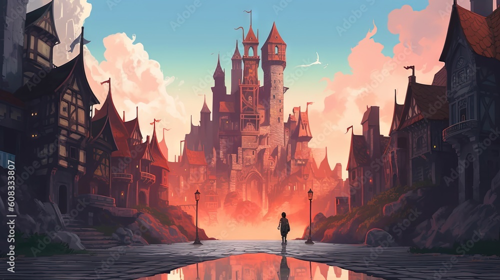 Poster a man standing in front of a castle with a reflection in the water. generative ai