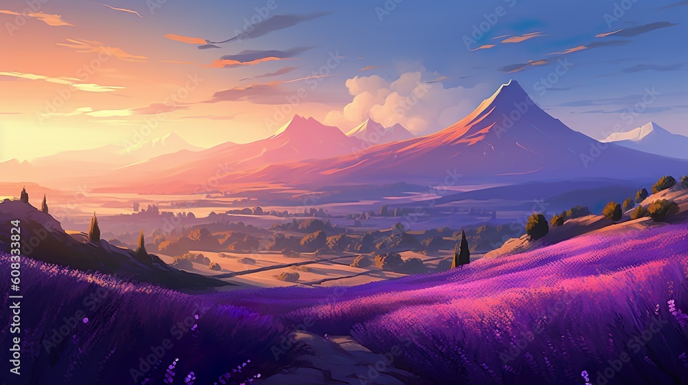 Poster abstract background lavender field. presenting the soothing charm of lavender fields through a maste