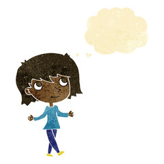 cartoon girl with no worries with thought bubble