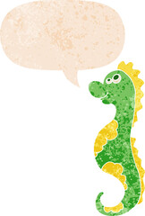 cartoon sea horse with speech bubble in grunge distressed retro textured style