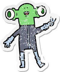 distressed sticker of a friendly cartoon alien giving peace sign