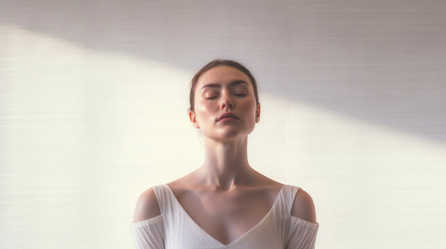 Portrait of a woman practising mindfulness in a studio. Female meditating, feeling calm and relaxed. Minimalistic and elegant style. Generative AI