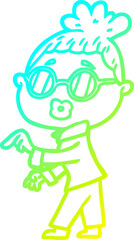 cold gradient line drawing of a cartoon woman wearing spectacles