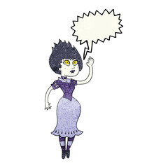 freehand speech bubble textured cartoon vampire girl waving