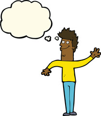 cartoon happy waving man with thought bubble