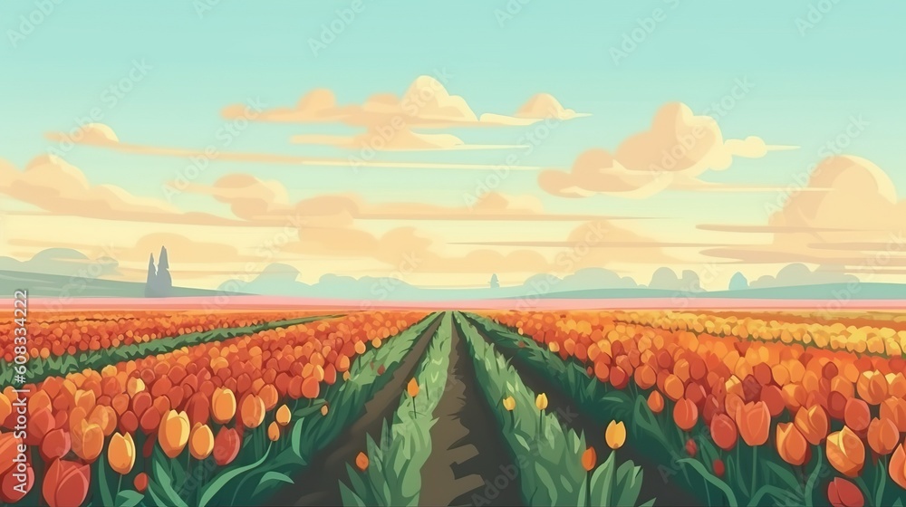 Poster abstract background field of tulips. created attractive web banner design with a stunning background
