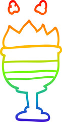 rainbow gradient line drawing of a cartoon flaming golden cup