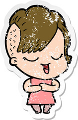 distressed sticker of a happy cartoon girl