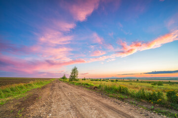Fototapeta na wymiar Rural landscape with ground road in a countryside at summer sunset