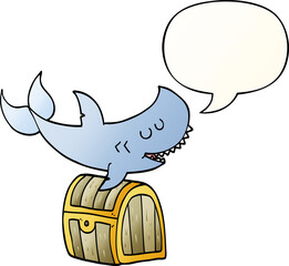 cartoon shark swimming over treasure chest with speech bubble in smooth gradient style