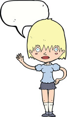 cartoon waving woman with speech bubble
