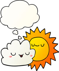 cartoon sun and cloud with thought bubble in smooth gradient style
