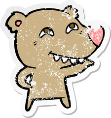 distressed sticker of a cartoon bear showing teeth
