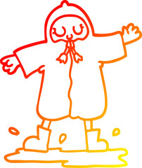 warm gradient line drawing of a cartoon person splashing in puddle wearing rain coat