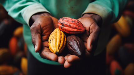 A farmer on a cocoa plantation harvests. Generative AI - obrazy, fototapety, plakaty