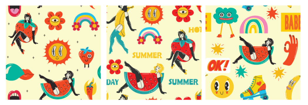 Retro Pin Up Girls Seamless Patterns. Backgrounds Wallpaper with summer girls with strawberry, banana and watermelon costume and sun, floower groovie stickers