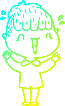 cold gradient line drawing of a cartoon happy boy surprised