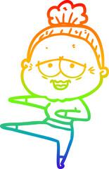 rainbow gradient line drawing of a cartoon happy old lady