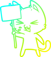 cold gradient line drawing of a cartoon cat protesting
