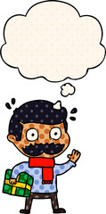 cartoon man with mustache and christmas present with thought bubble in comic book style