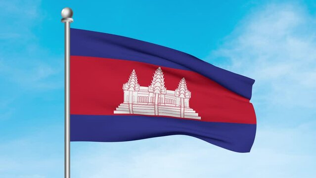 Cambodia Flag Waving In Blue Sky