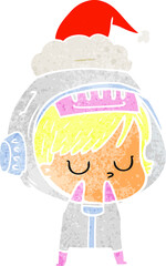 hand drawn retro cartoon of a astronaut woman wearing santa hat