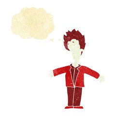 cartoon happy vampire with thought bubble