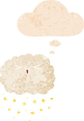 happy cartoon cloud with thought bubble in grunge distressed retro textured style