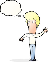 cartoon nervous man waving with thought bubble