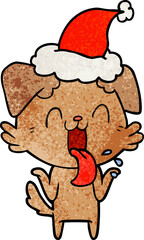 hand drawn textured cartoon of a panting dog shrugging shoulders wearing santa hat