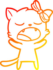 warm gradient line drawing of a cartoon yawning cat