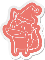 friendly quirky cartoon  sticker of a wolf wearing santa hat