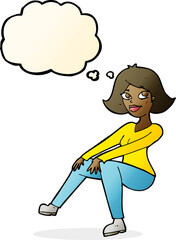 cartoon happy woman sitting with thought bubble