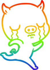 rainbow gradient line drawing of a cartoon running pig crying