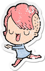 distressed sticker of a cute cartoon girl with hipster haircut