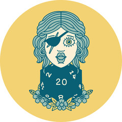 Retro Tattoo Style human rogue with natural twenty dice roll