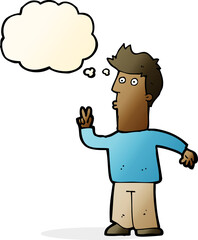 cartoon man signalling with hand with thought bubble