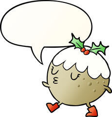 cartoon christmas pudding walking with speech bubble in smooth gradient style