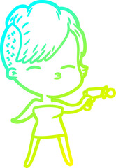 cold gradient line drawing of a cartoon squinting girl pointing ray gun