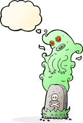 cartoon ghost rising from grave with thought bubble