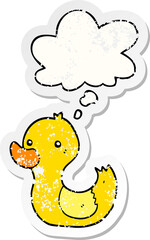cartoon duck with thought bubble as a distressed worn sticker