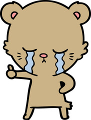 crying cartoon bear giving thumbs up