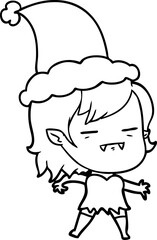 hand drawn line drawing of a undead vampire girl wearing santa hat