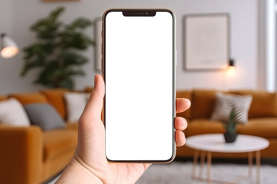 Smart home system app, internet of things concept. Hand holding smartphone with blank white screen, modern apartment on background. Copy space. Generative AI