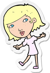 sticker of a cartoon happy girl gesturing to follow