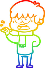 rainbow gradient line drawing of a worried cartoon boy