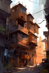 Fototapeta na wymiar illustration urban, streets and houses of the city at night, ai generative