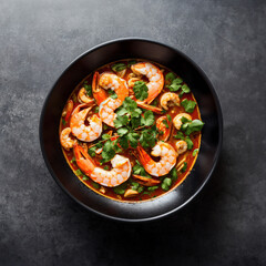 Spicy prawn soup. Tom Yum Kung in a black bowl with gray background. Top view,Stylish Food, AI Photo